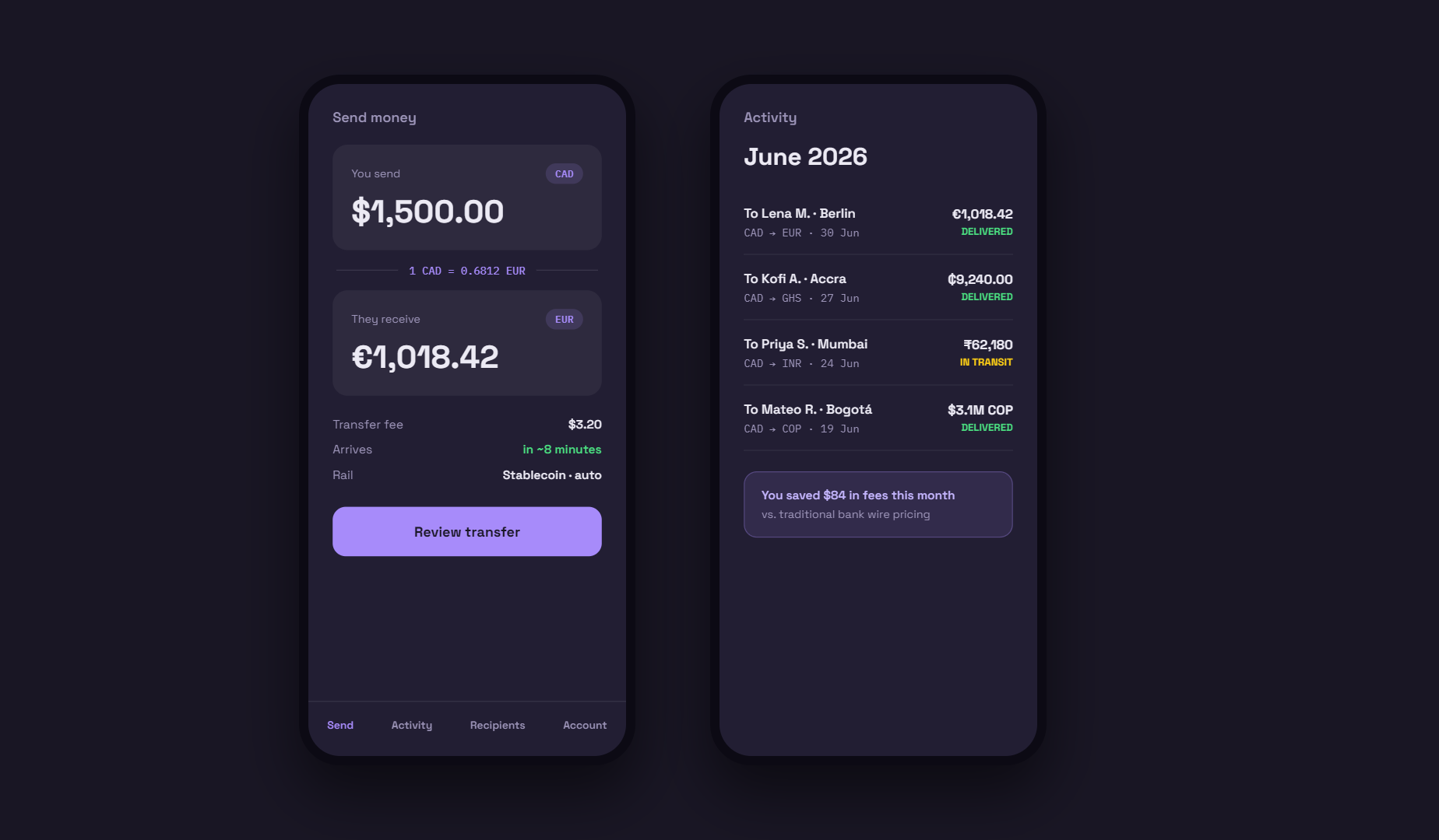 Nomad Finance international transfer mobile app screens
